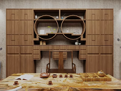 Wooden Storage Cabinet Shelf with Circular Cutouts and Lower Desk for Traditional Tea Space 3d model