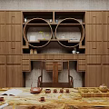 Wooden Storage Cabinet Shelf with Circular Cutouts and Lower Desk for Traditional Tea Space