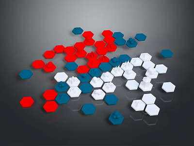 Colorful Hexagons in Red Blue White Scattered on Black Background Surface 3d model
