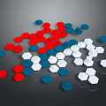 Colorful Hexagons in Red Blue White Scattered on Black Background Surface
