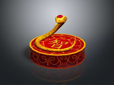 Golden Snake With Red Gemstone Head On Red Circular Base With Zhi Character And Patterns 3d model
