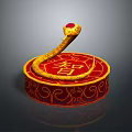 Golden Snake With Red Gemstone Head On Red Circular Base With Zhi Character And Patterns