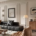 Modern Living Room Interior With Black Leather Sofa Wooden Coffee Table And Area Rug