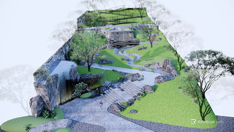 Natural Garden Landscape With Rock Waterfall Stream Stone Steps And Lush Grass 3d model 