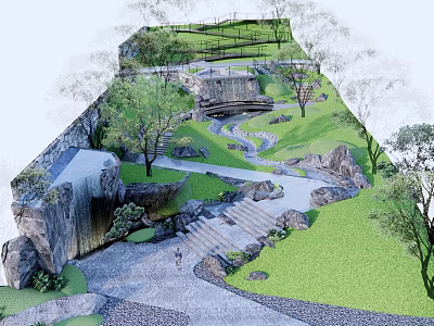 Natural Garden Landscape With Rock Waterfall Stream Stone Steps And Lush Grass 3d model