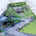Natural Garden Landscape With Rock Waterfall Stream Stone Steps And Lush Grass