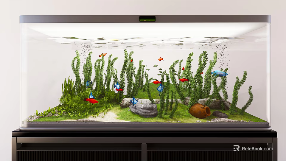 Beautiful Aquarium Fish Tank With Green Aquatic Plants Colorful Fish Stones And Clear Water 3d model 