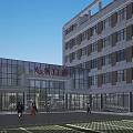 Modern Multi Story Hospital Building With Red Cross Sign Glass Facade And Ambulance