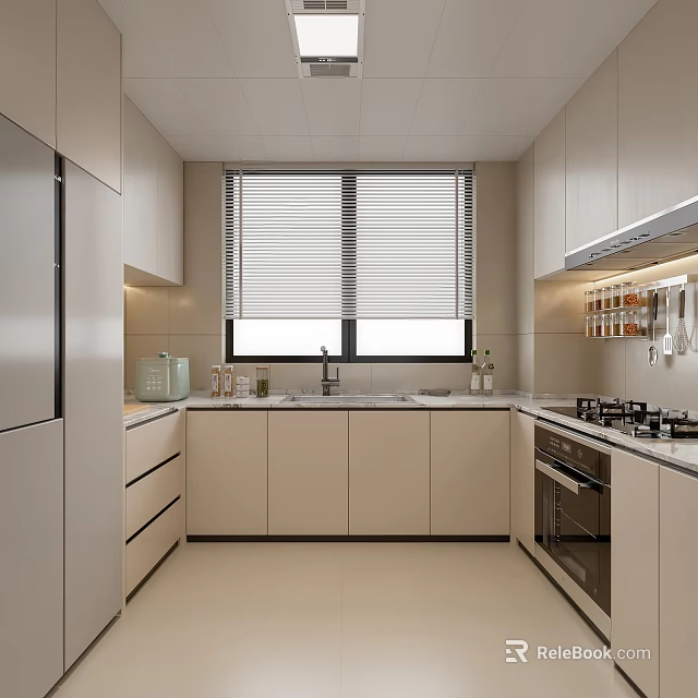 Modern Kitchen Interior Design With Light Cabinets Window Blinds Countertop And Appliances 3d model 