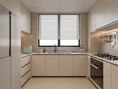 Modern Kitchen Interior Design With Light Cabinets Window Blinds Countertop And Appliances 3d model