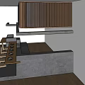 Sleek Modern Bar Counter With Wooden Slatted Backdrop And Wooden Cabinets