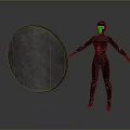 Game Movie Character in Black and Red Bodysuit with Arms Outstretched and Round Mesh Shield