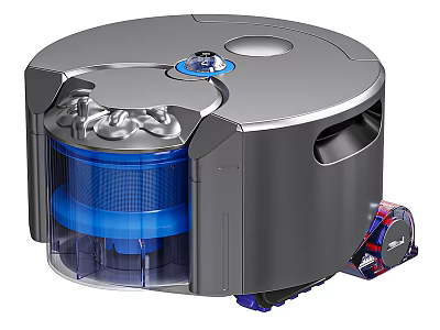 Smart Vacuum Cleaner With Round Silver Body Blue Transparent Dust Box And Brush Accessory 3d model