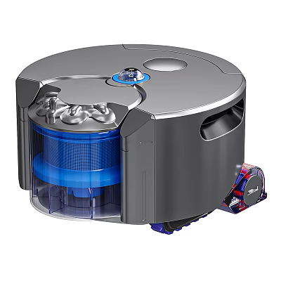 Smart Vacuum Cleaner With Round Silver Body Blue Transparent Dust Box And Brush Accessory 3d model