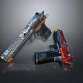 Dual Futuristic Tactical Weapons with Silver Red Bodies and Orange Accents in Sleek Modern Design