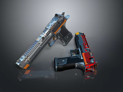 Dual Futuristic Tactical Weapons with Silver Red Bodies and Orange Accents in Sleek Modern Design 3d model
