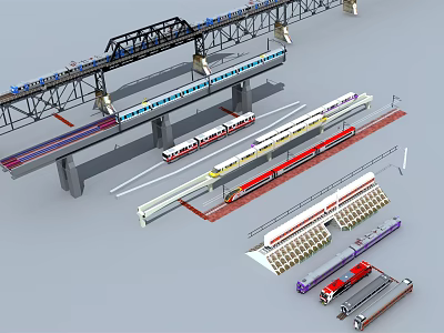 High Speed Trains On Railway Tracks With Bridge Structure And Multiple Carriages 3d model