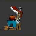 Cute Mini Kitchen Scene Components With Blue Stove Red Pot Chimney Stool Bottle And Cup