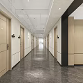 School Corridor With Modern Design Wooden Walls Elevators And Marble Flooring