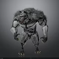Muscular Ferocious Gray Fur Werewolf Creature Character 3D Model With Sharp Claws And Fangs