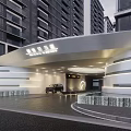 Modern Entrance Gate With Curved Roof Illuminated Lighting And Parked Cars Near High Rise Buildings