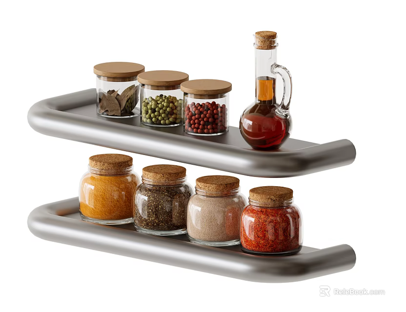 Spice Jars with Wooden Lids and Various Spices on Double Layered Kitchen Rack 3d model 