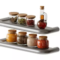 Spice Jars with Wooden Lids and Various Spices on Double Layered Kitchen Rack
