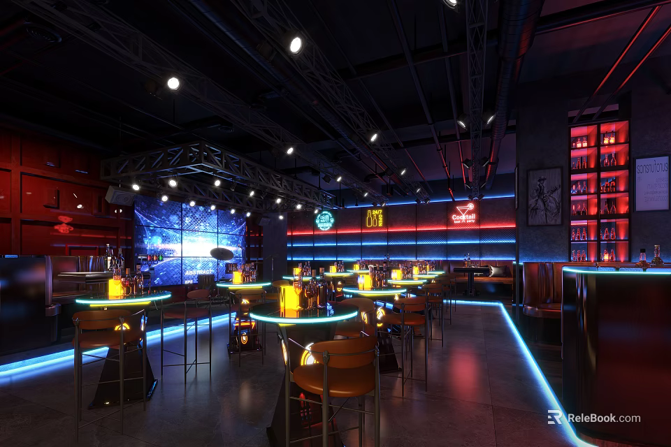 Modern Bar Interior With Neon Lights High Stools And Illuminated Counter 3d model