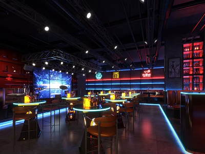 Modern Bar Interior With Neon Lights High Stools And Illuminated Counter 3d model