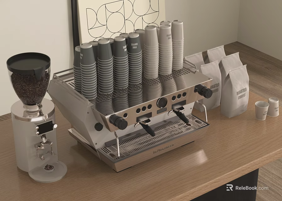 Modern Coffee Machine And Grinder With Stacked Coffee Cups And Bean Bags On Wooden Countertop 3d model 