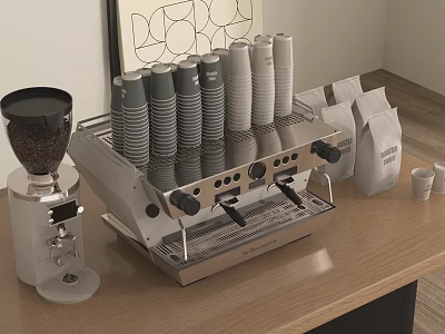 Modern Coffee Machine And Grinder With Stacked Coffee Cups And Bean Bags On Wooden Countertop 3d model