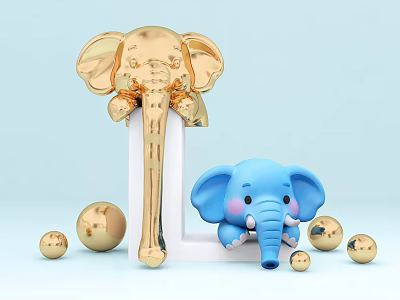 Interactive Zone With Golden Elephant Blue Baby Elephant And Golden Balls On Light Blue Background 3d model
