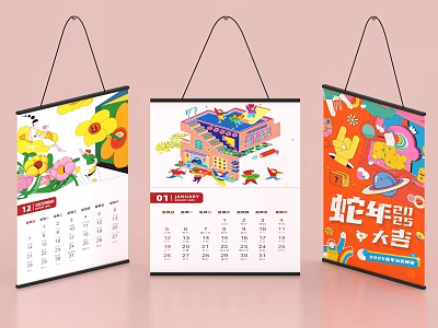 Decorative Ornament Set Including Hanging Wall Calendars With Colorful Floral Cartoon House Snake Year Designs 3d model