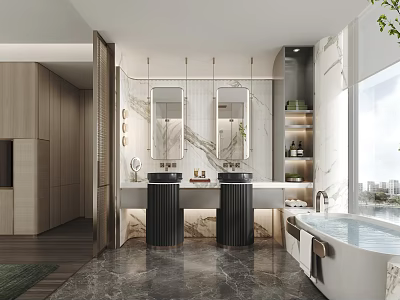 Modern Bathroom Interior Design With Double Vanity Marble Walls Bathtub And Large Window 3d model