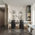 Modern Bathroom Interior Design With Double Vanity Marble Walls Bathtub And Large Window