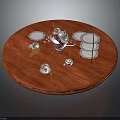 Wooden Round Tray With Tea Set Teacups Teapot Saucers And Tiered Rack