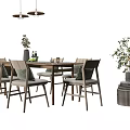 Modern Dining Table Set With Matching Chairs Pendant Lights And Decorative Plants 3d model