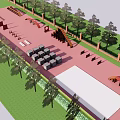 Outdoor Playground Area With Pink Floor Colorful Structures Green Fence And Trees