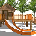 Wooden Outdoor Playhouse With Orange Slide Staircase Trees And Kids Playing