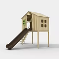 Outdoor Wooden Playhouse For Kids With Stairs Slide And Green Window Design