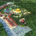 Amusement Park Aerial View With Rides Buildings Parking And Forests