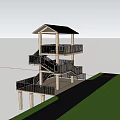 Wooden Multi Level Roadside Observation Tower With Green Grass And Trees 3d model