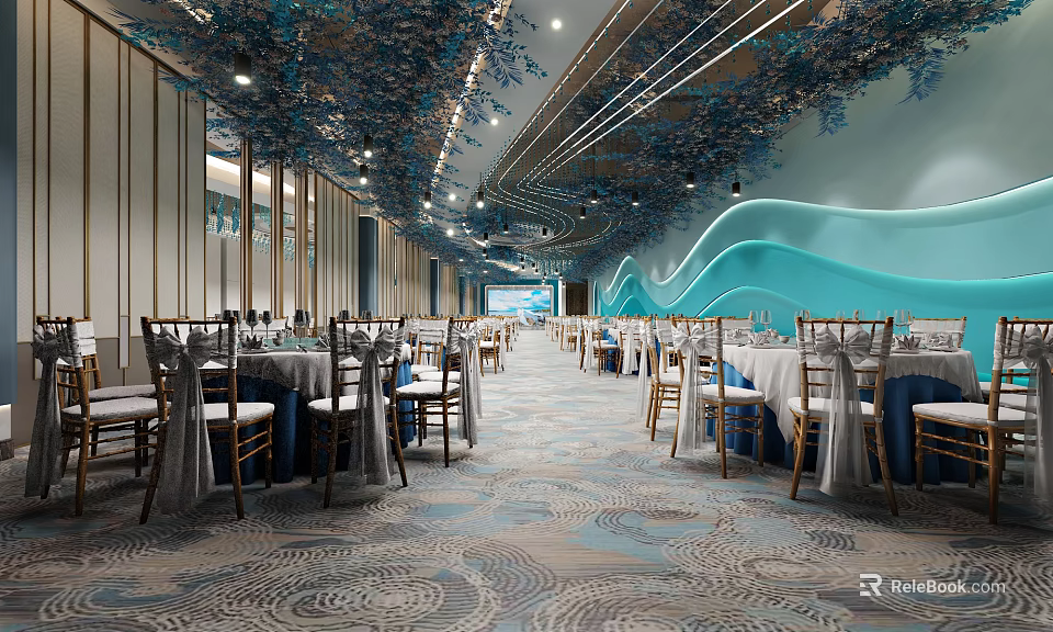 Elegant Blue Theme Banquet Hall With Chandeliers Tables Chairs And Carpet 3d model 