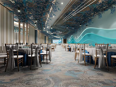 Elegant Blue Theme Banquet Hall With Chandeliers Tables Chairs And Carpet 3d model