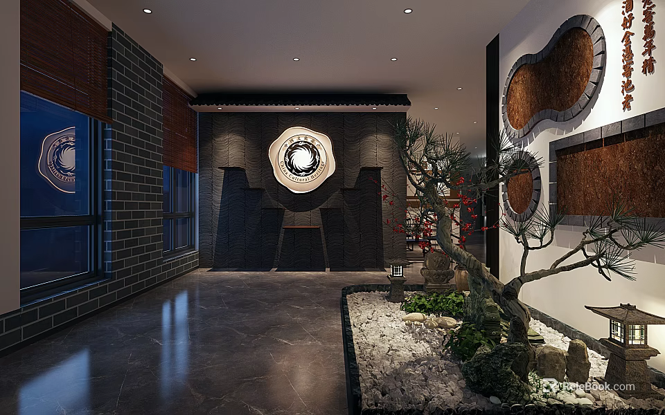 Chinese Tobacco and Alcohol Store Interior With Dark Brick Walls Green Plant Landscape and Smooth Flooring 3d model 