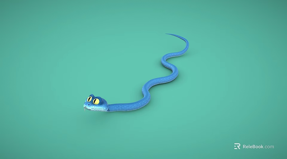 Playful Cartoon Blue Snake With Yellow Eyes On Green Background 3d model 