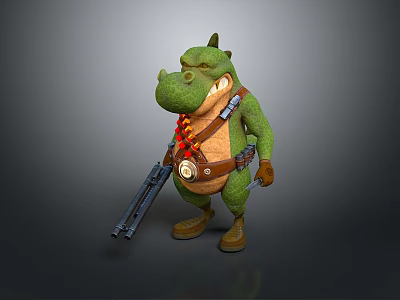 Green Cartoon Crocodile Warrior With Dual Guns Brown Belt And Red Decoration 3d model