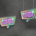 Colorful Hanging Neon Lighting Combination With WE ARE OPEN Text And Arrow