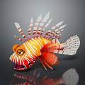 Vibrant Orange And White Striped Lionfish With Fan Like Fins And Yellow Eyes