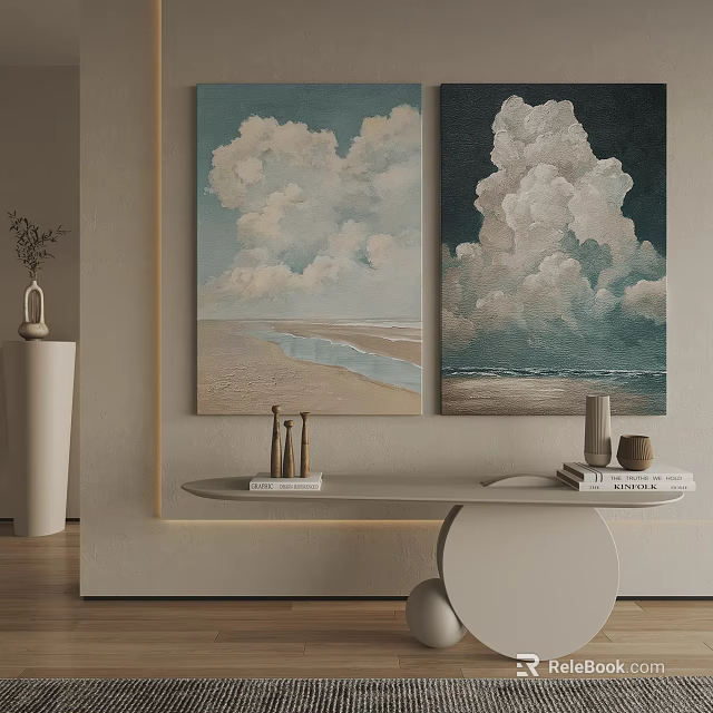 Modern Interior With Cloud Seascape Wall Art Paintings And Decorative Table Setup 3d model